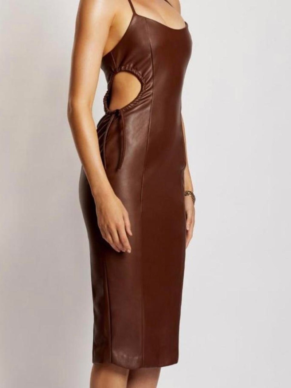 Meshki Siobhan Cut Out Faux Leather Chocolate Brown Midi NWT Size Medium